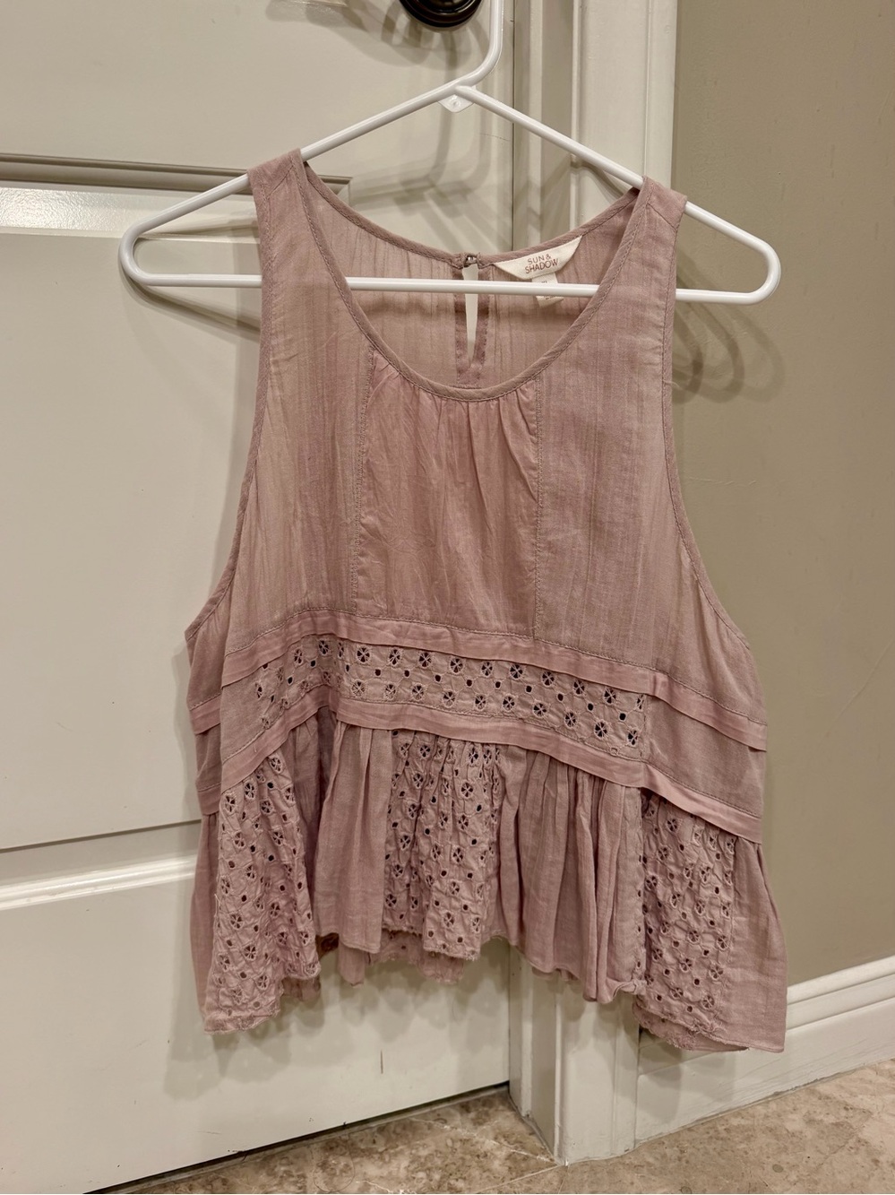 Sun & Shadow Blush Pink Eyelet Cotton Peplum Tank Top XL Boho